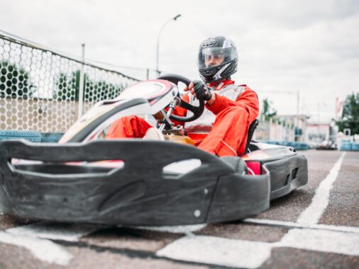Kart racer on start line, go cart driver
