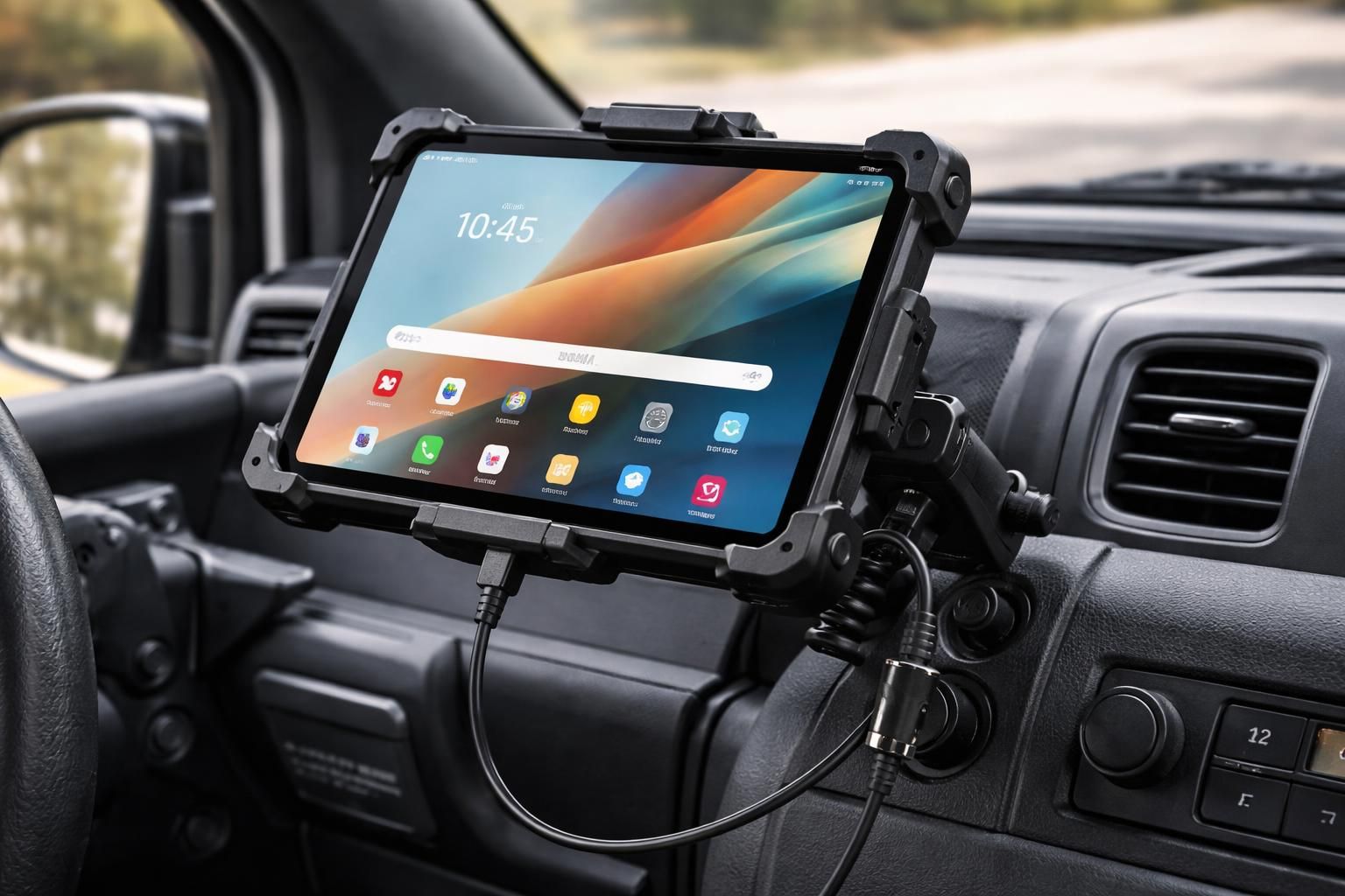 découvrez le support robuste pour tablette samsung avec charge 12v, idéal pour la route. profitez d'une fixation sécurisée et d'une recharge pratique lors de vos déplacements.