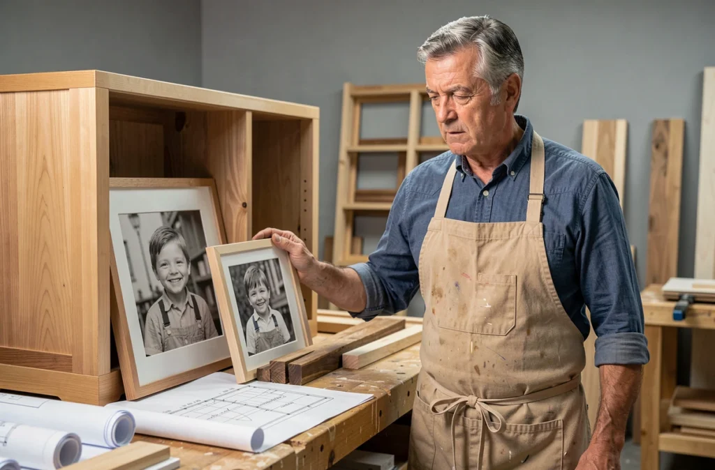 Artisan menuisier tenant une photo d'enfance en noir et blanc dans son atelier, illustrant l'histoire et les origines de Thierry Vigneau Boiserie