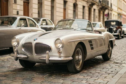 BMW 507 d'occasion vue de trois quarts avant garée sur des pavés dans une rue européenne vintage