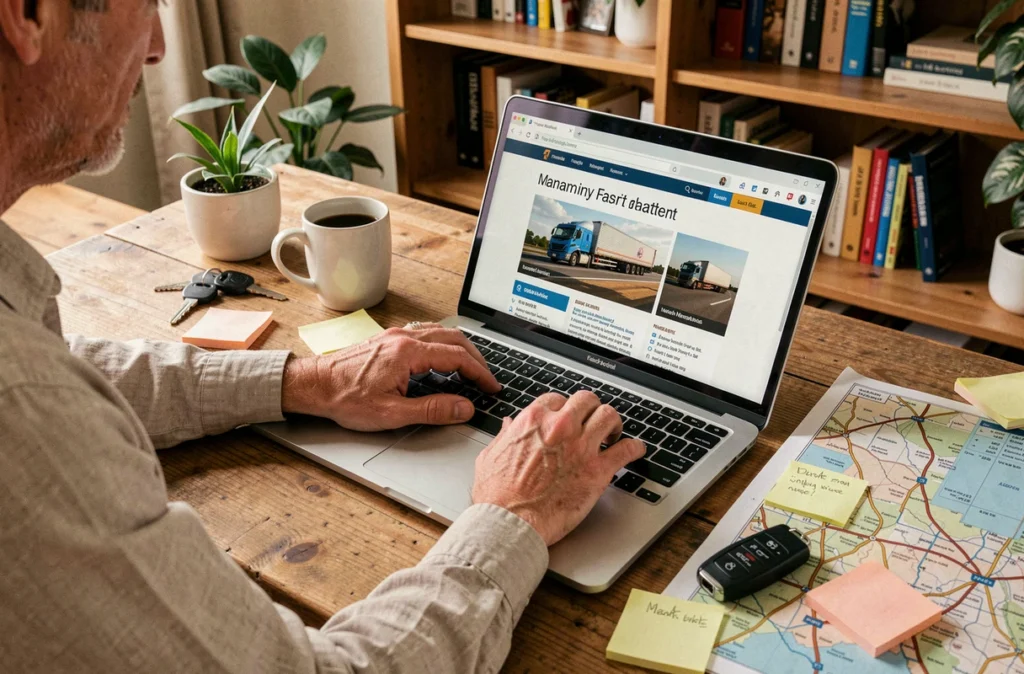 Bureau de conducteur avec ordinateur portable affichant un site de gestion de transport et d'outils numériques automobiles