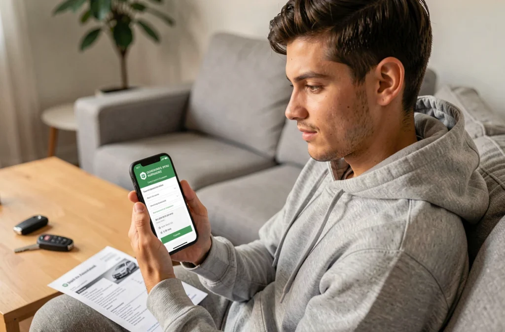 Jeune homme effectuant une demande de carte grise en ligne sur son smartphone