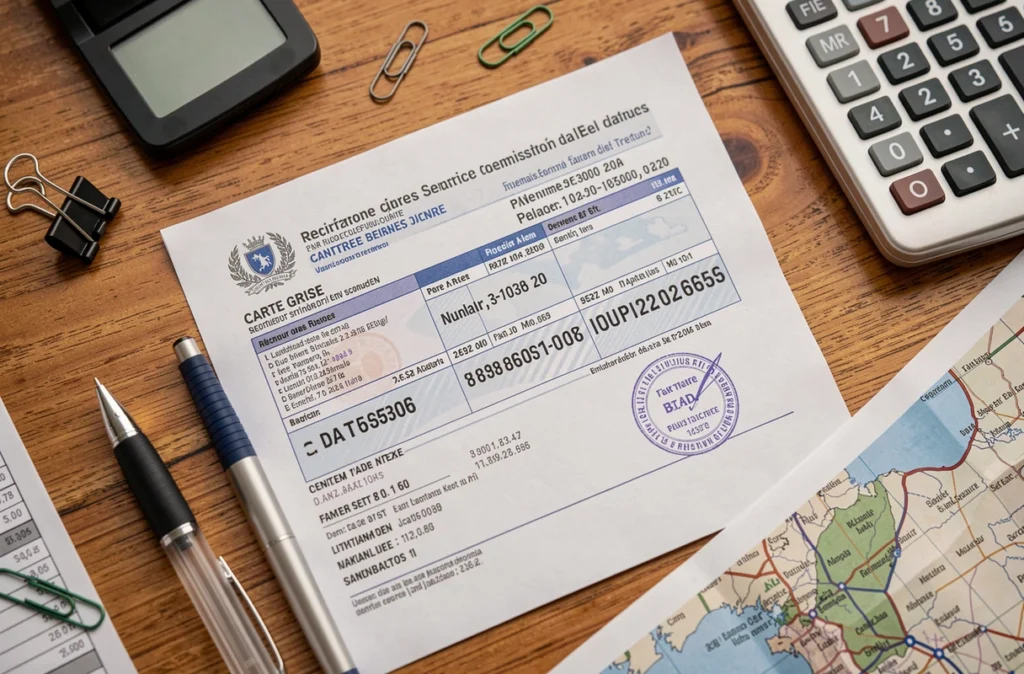 Vue rapprochée d'une carte grise et d'un tableau de taxes régionales sur un bureau en bois