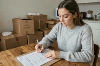 Femme remplissant un formulaire de changement d'adresse sur carte grise dans un appartement avec des cartons de déménagement