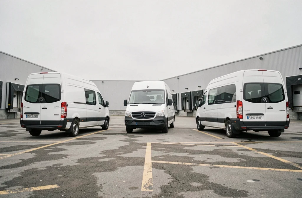 Trois fourgons utilitaires L2H2 comparés de dos dans un dépôt logistique : Renault Master, Mercedes Sprinter et Fiat Ducato