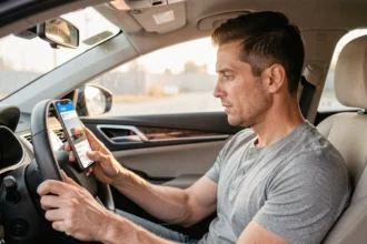 Conducteur pressé consultant une application de gestion de fret sur smartphone monté dans sa voiture