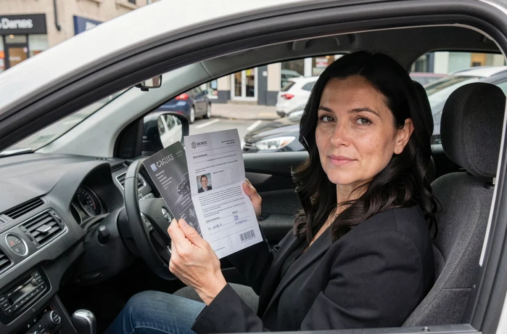 Conductrice présentant sa carte grise et son permis de conduire lors d'un contrôle de police en ville