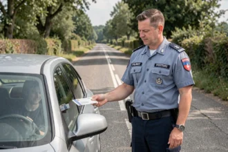 Gendarme contrôlant les documents d'un conducteur lors d'un contrôle routier sur une route de campagne