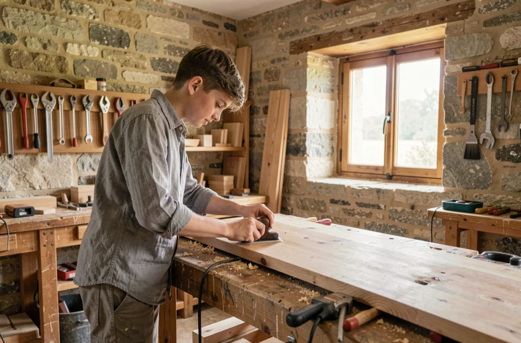 Adolescent poncant un panneau de bois dans un atelier rural français, représentant les débuts artisanaux de Thierry Vigneau Boiserie