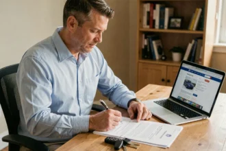 Homme remplissant une déclaration d'achat de véhicule d'occasion à son bureau à domicile