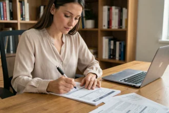 Femme remplissant un formulaire de demande de carte grise à son bureau à domicile