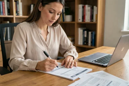 Femme remplissant un formulaire de demande de carte grise à son bureau à domicile