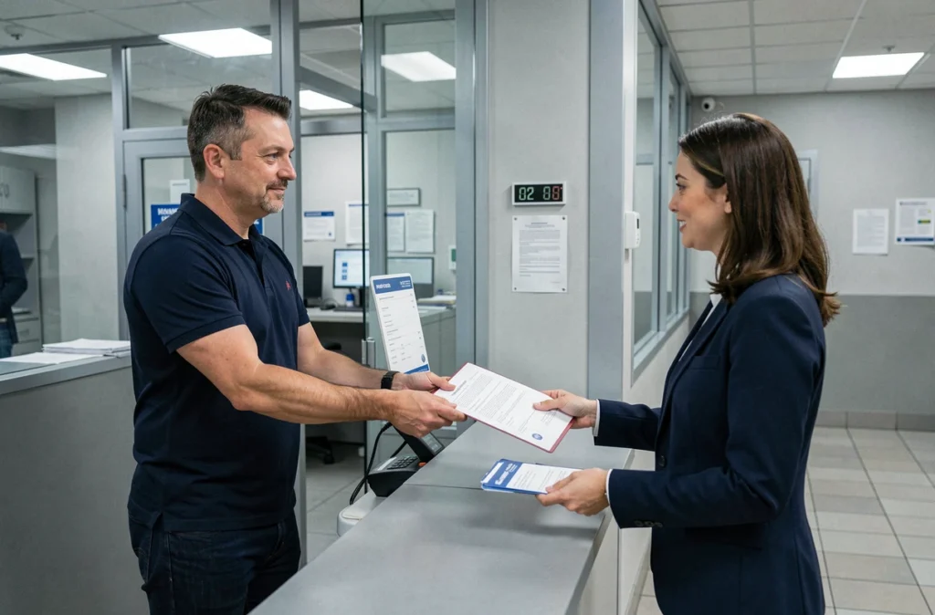 Homme déposant son dossier de carte grise au guichet d'une préfecture