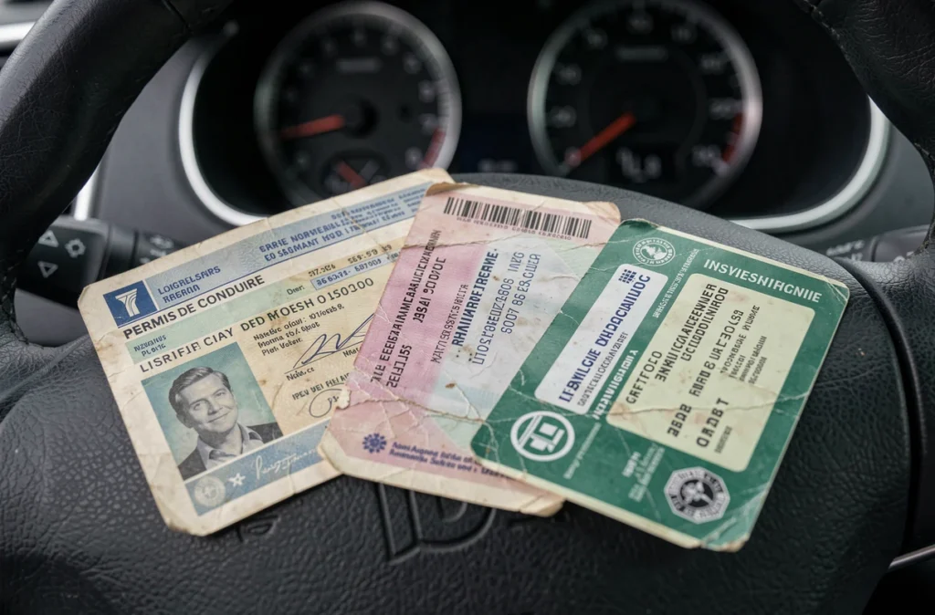 Documents obligatoires pour un contrôle routier en France : permis de conduire, carte grise et attestation d'assurance posés sur un tableau de bord