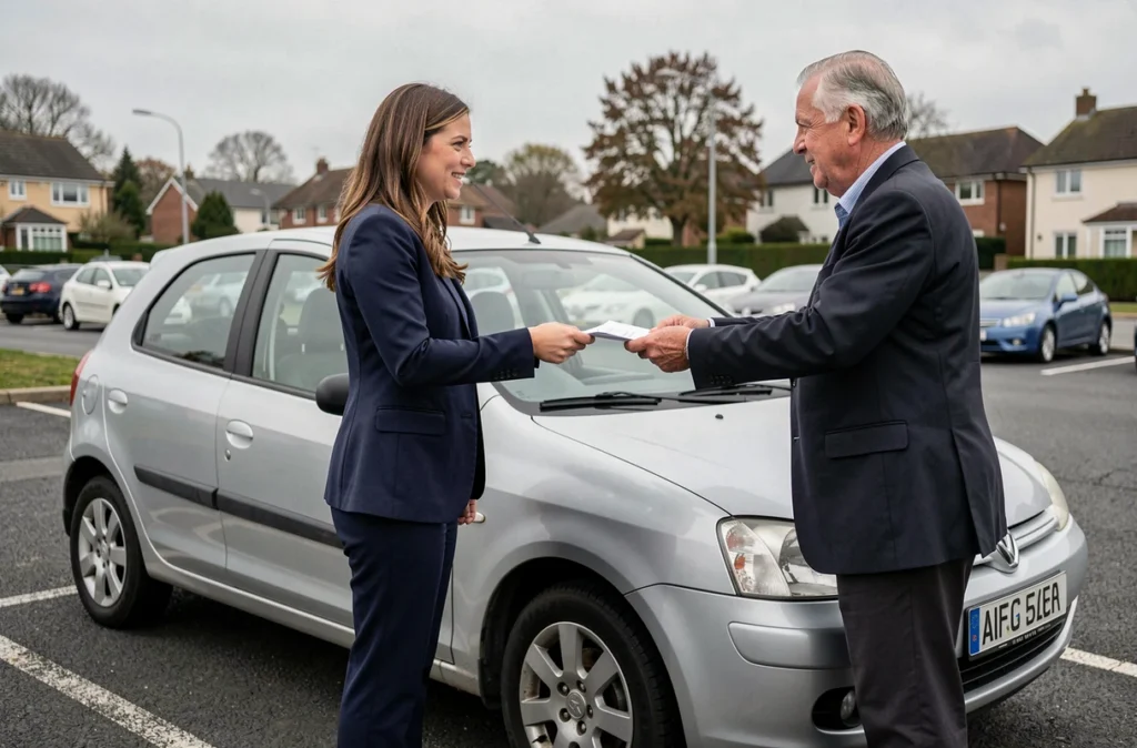 Femme et vendeur échangeant les documents lors d'un achat de voiture d'occasion dans un parking