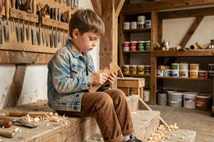Jeune garçon dans un atelier de boiserie artisanal tenant une pièce de bois sculptée, évoquant l'enfance et les origines de Thierry Vigneau Boiserie