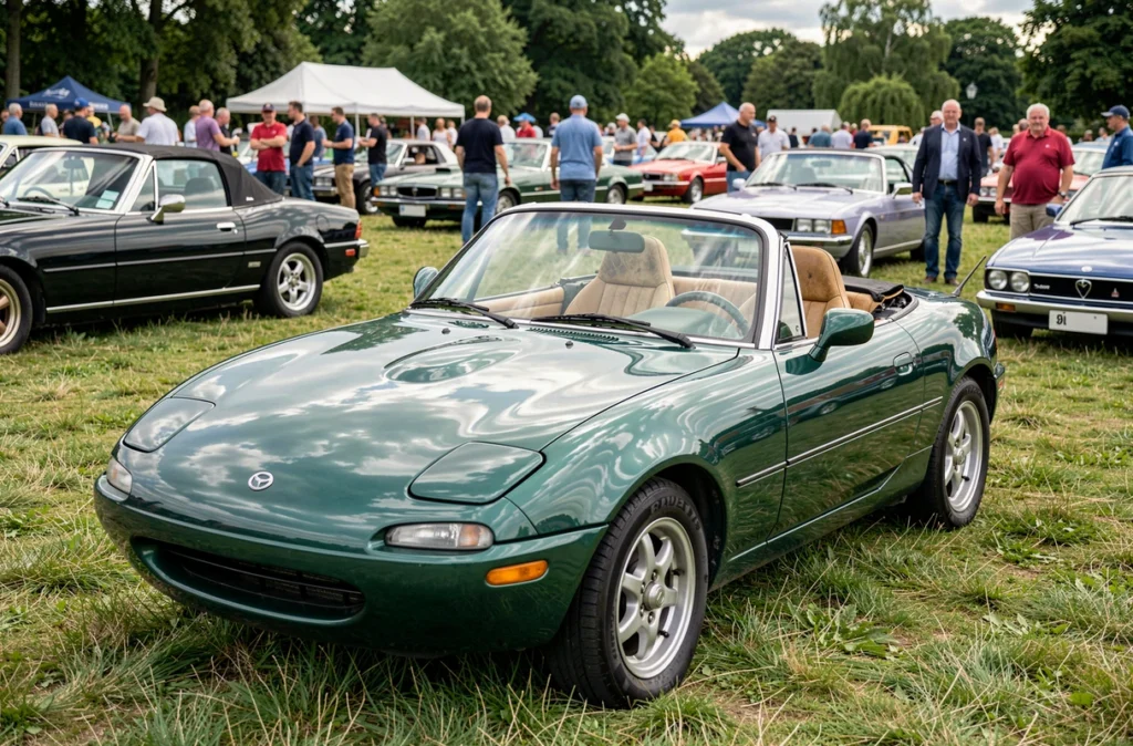 Eunos Roadster vert british racing green décapotable lors d'un rassemblement de voitures classiques, intérieur cuir beige