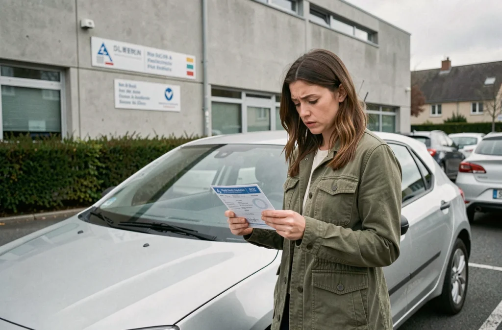 Femme consultant son certificat d'immatriculation de véhicule devant une préfecture française