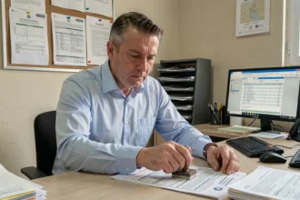 Fonctionnaire examinant un document d'immatriculation de véhicule dans un bureau administratif régional