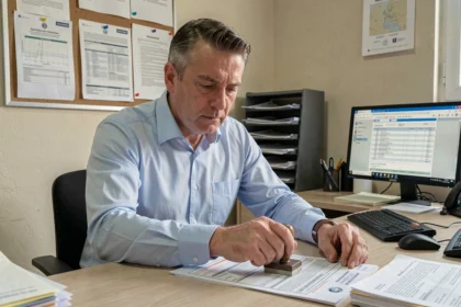 Fonctionnaire examinant un document d'immatriculation de véhicule dans un bureau administratif régional