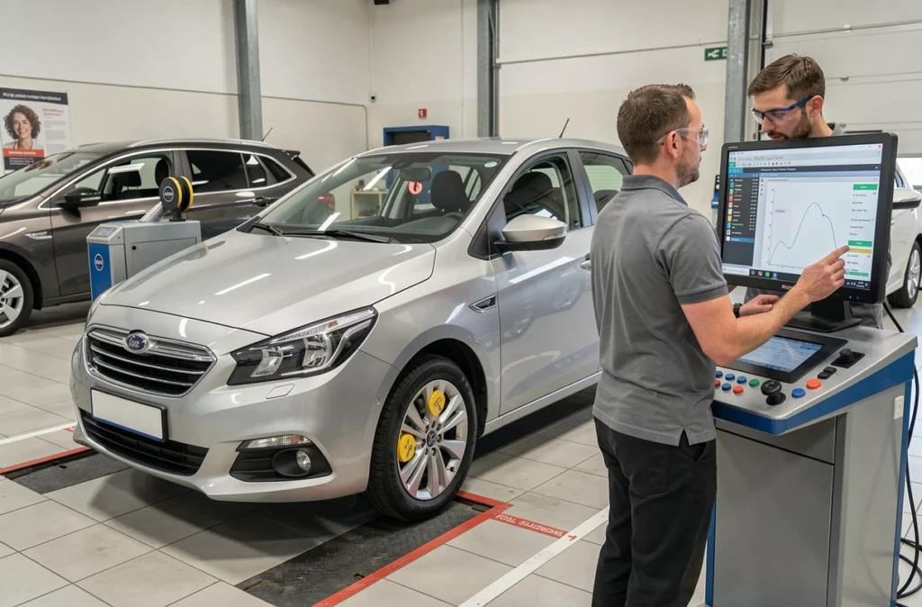 Machine de géométrie à laser alignant les roues avant d'une voiture avec technicien consultant les données sur écran