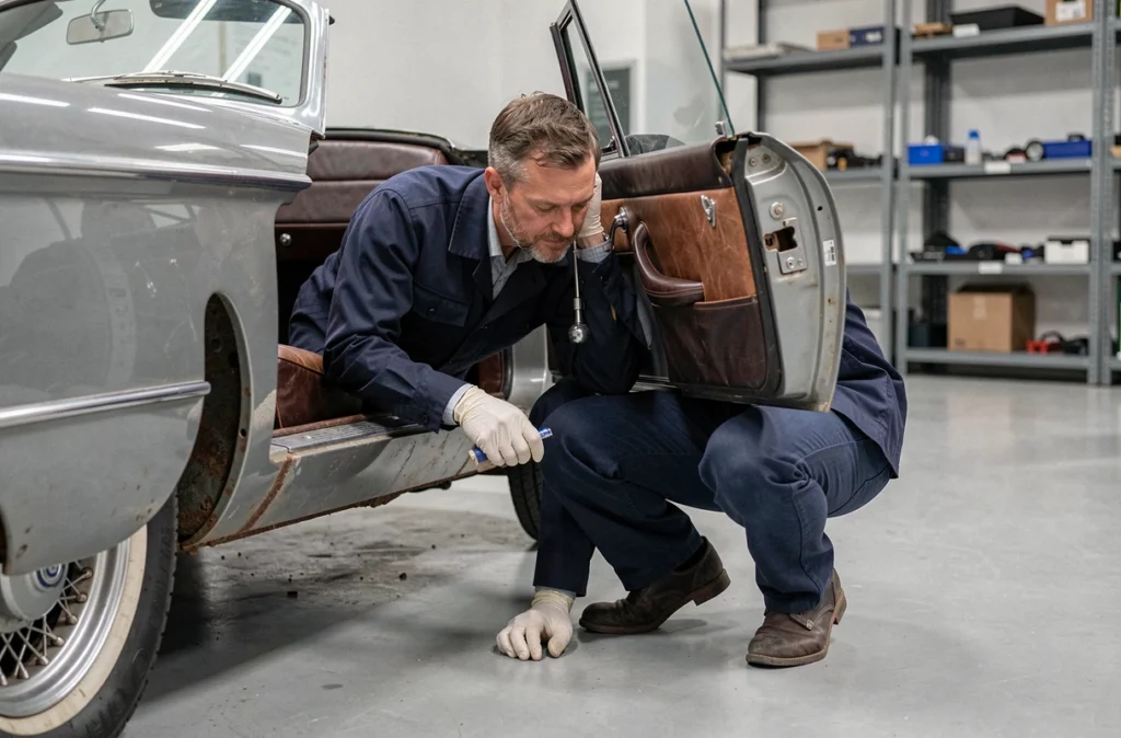 Inspecteur automobile examinant la carrosserie d'une BMW 507 d'occasion dans un garage professionnel