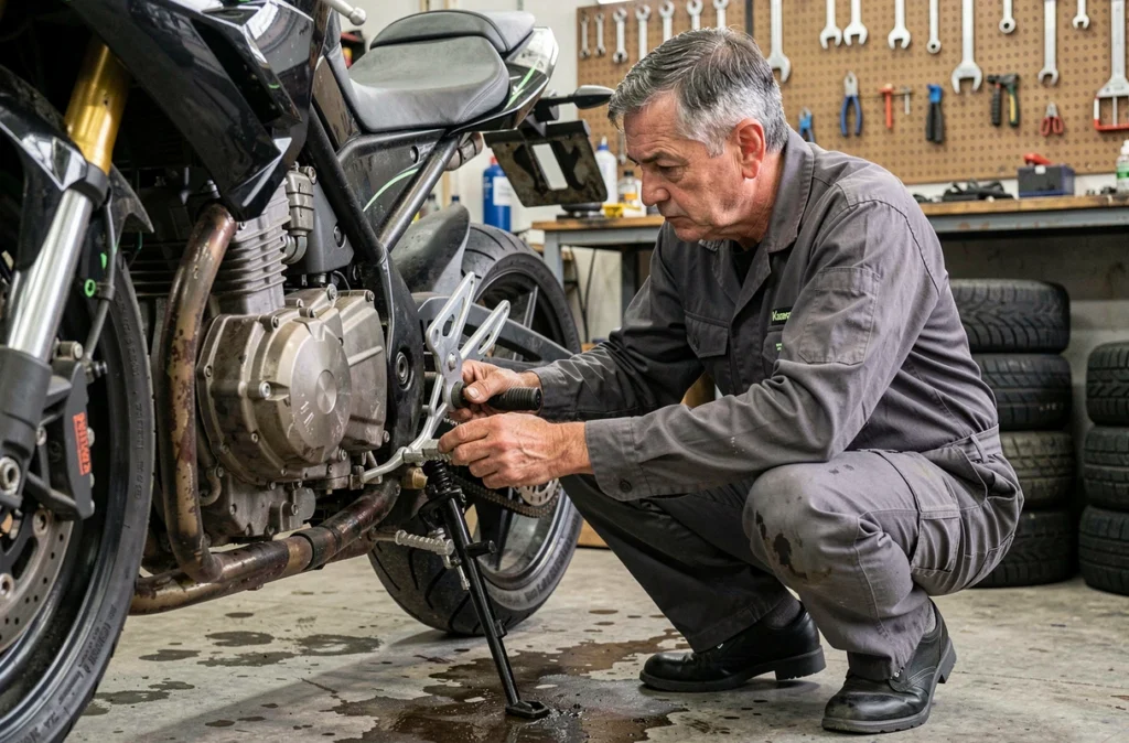 Mécanicien inspectant une Kawasaki 1000 GTR d'occasion dans un atelier, évaluant l'état mécanique d'un modèle à kilométrage élevé