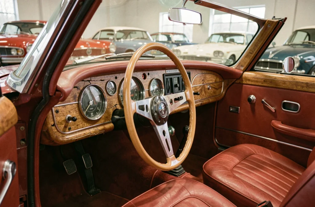 Intérieur authentique d'une BMW 507 d'occasion avec tableau de bord original et sièges en cuir rouge