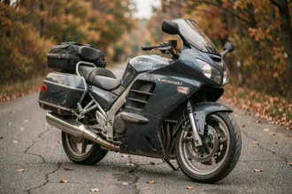 Kawasaki 1000 GTR à haut kilométrage garée sur une route de campagne, avec des traces d'usure visibles sur les sacoches et la carénerie