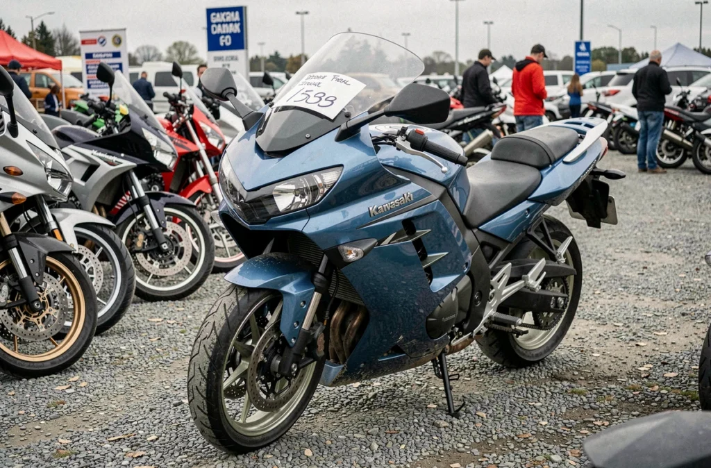 Kawasaki 1000 GTR mise en vente dans un marché de motos d'occasion en plein air, avec étiquette de prix affichée sur le pare-brise