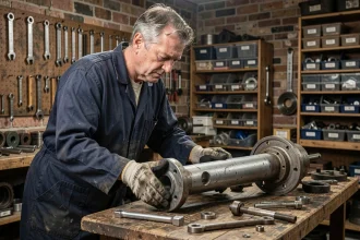 Mécanicien inspectant une pièce détachée d'axe de remorque Erka dans un atelier de réparation vintage