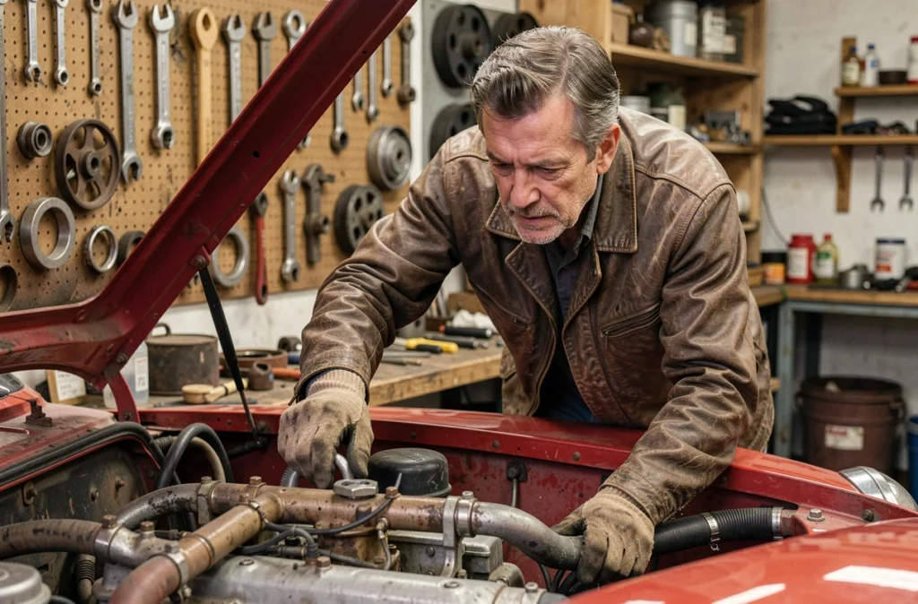 Passionné d'automobiles inspectant le moteur d'une Triumph TR3 rouge dans un atelier de garage vintage, ambiance mécanique authentique et documentaire