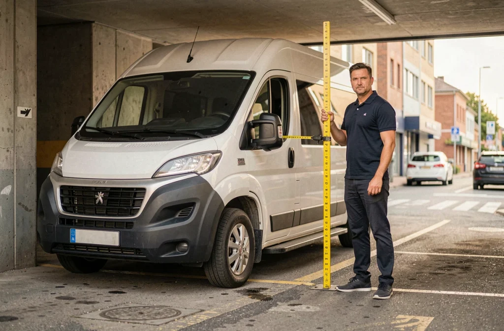 Gestionnaire de flotte mesurant la hauteur d'un Peugeot Boxer L2H2 devant une barrière de hauteur en parking