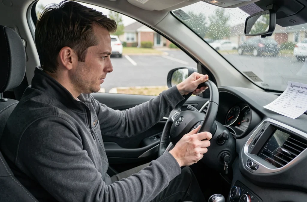 Homme se préparant à l'examen du permis de conduire dans une voiture garée avec ses notes