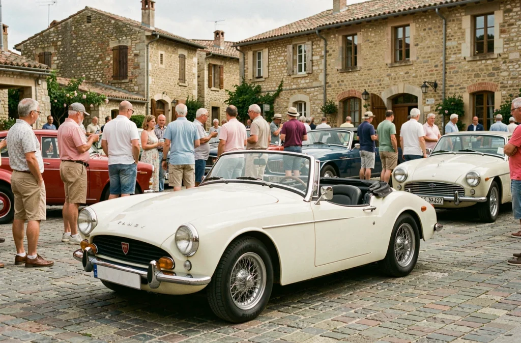 Rassemblement de voitures classiques dans un village provençal avec une Triumph TR3 crème exposée devant des passionnés admiratifs sur les pavés