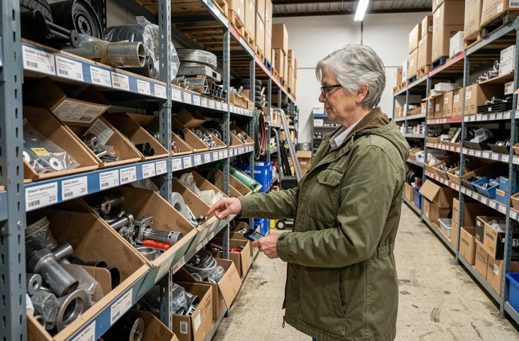 Femme cherchant des pièces détachées compatibles pour remorque ancienne dans un magasin spécialisé