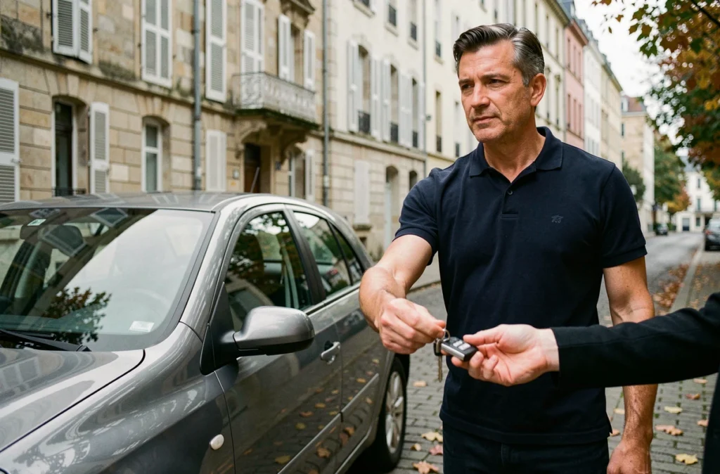 Homme remettant les clés de sa voiture lors d'une vente entre particuliers dans une rue française