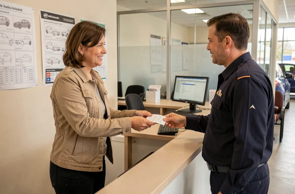 Propriétaire d'un véhicule d'occasion remettant ses documents au comptoir d'un centre de contrôle technique