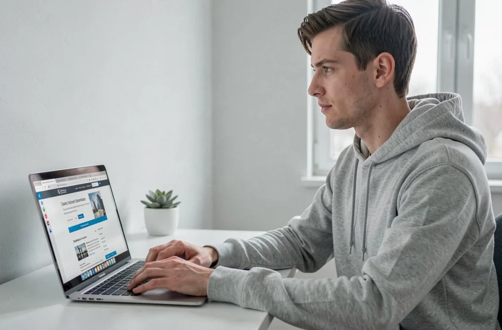Personne effectuant une résiliation d'assurance auto en ligne sur ordinateur portable
