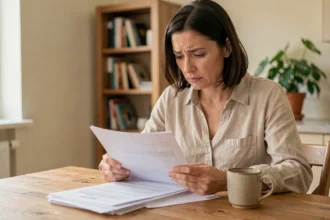 Femme consultant des documents d'assurance auto après la vente de sa voiture à la maison