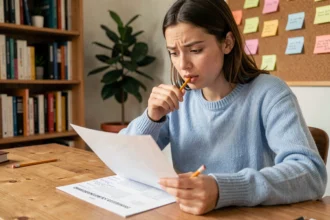 Jeune femme révisant les questions du code de la route avec un manuel annoté à son bureau