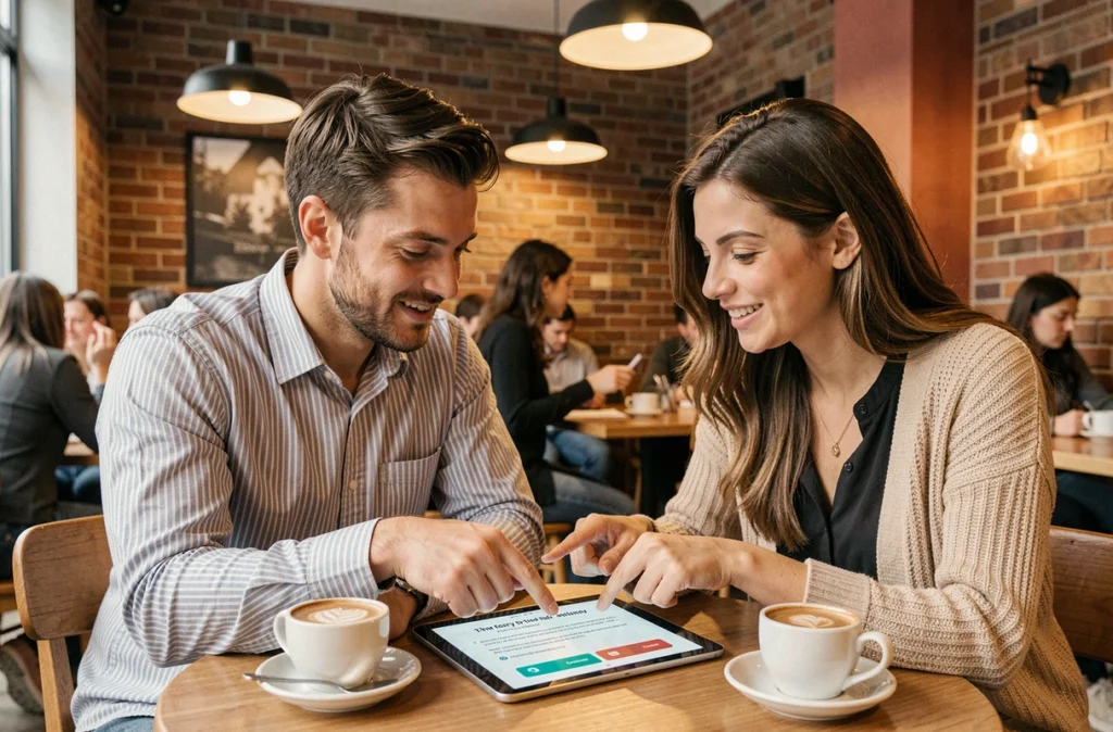 Deux amis révisant les questions du code de la route ensemble sur une tablette dans un café