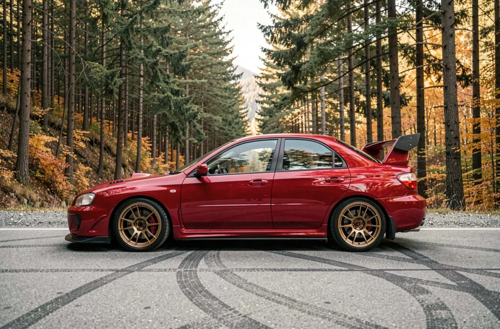 Subaru Impreza STI rouge sur route de montagne avec forêt de pins en arrière-plan