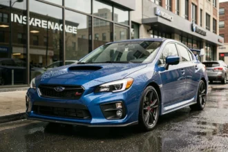 Subaru Impreza WRX bleue métallisée garée devant une agence d'assurance en ville sous la pluie