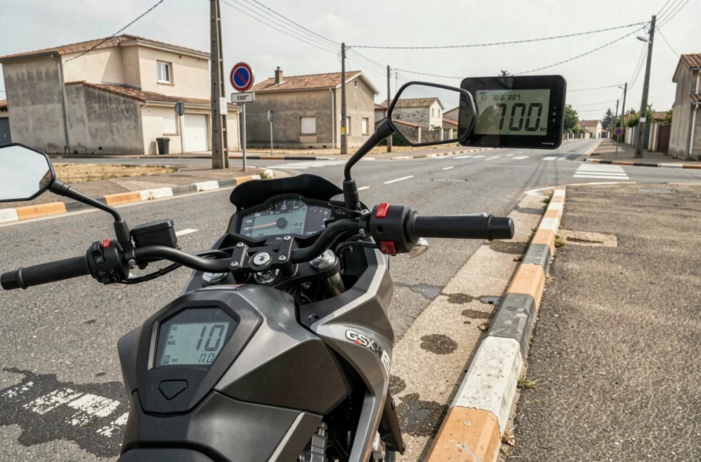 Suzuki GSX-S 125 garée en bord de route avec compteur affichant la vitesse maximale sur route française
