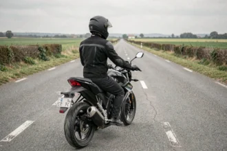 Jeune motard sur une Suzuki GSX-S 125 sur une route de campagne française, vue de trois quarts arrière