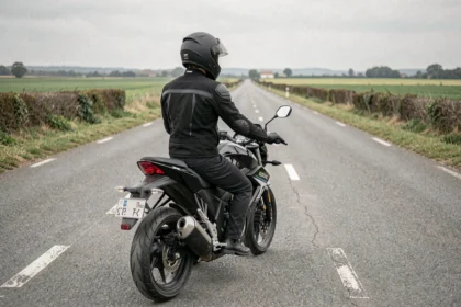 Jeune motard sur une Suzuki GSX-S 125 sur une route de campagne française, vue de trois quarts arrière