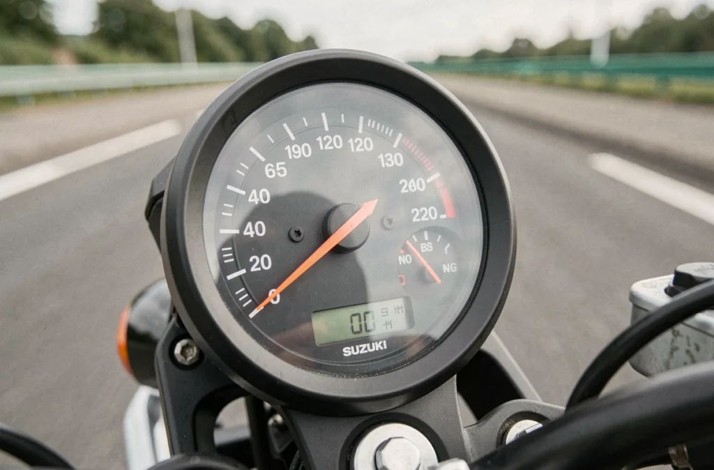 Gros plan sur le tableau de bord et le compteur de vitesse d'une Suzuki GSX-S 125 en mouvement