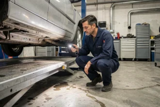 Technicien automobile inspectant le dessous d'un véhicule d'occasion lors d'un contrôle technique en garage
