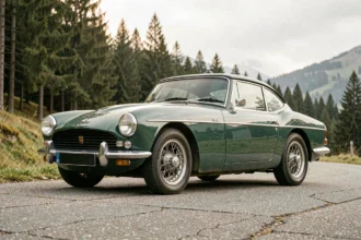 Triumph TR3 verte garée sur une route de campagne sinueuse dans les Pyrénées, vue grand angle au ras du sol mettant en valeur sa silhouette classique